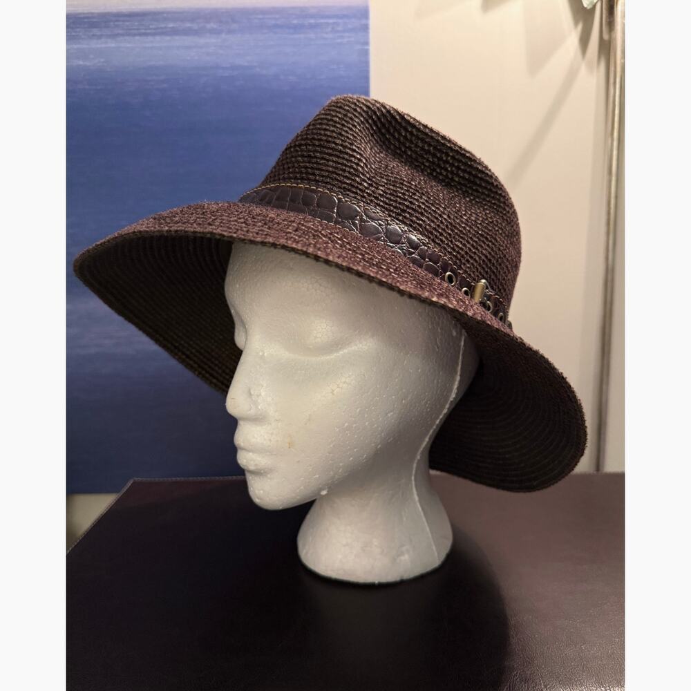 Eric Javits Brown Woven Cloche Hat Leather Buckle Wide Brim Designer Womens - Picture 9 of 9